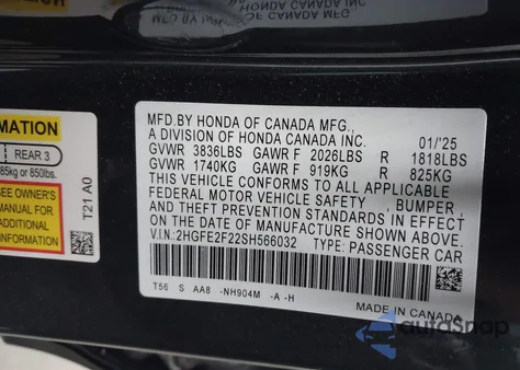 2025 Honda Civic Lx z USA, uszkodzony, nr VIN 2HGFE2F22SH566032